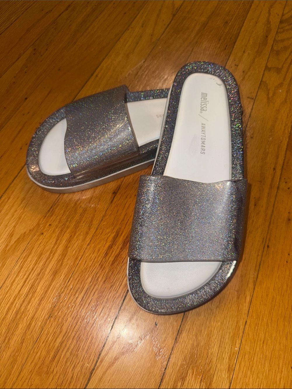 Melissa Glitter Holographic Slide Sandals in Silver